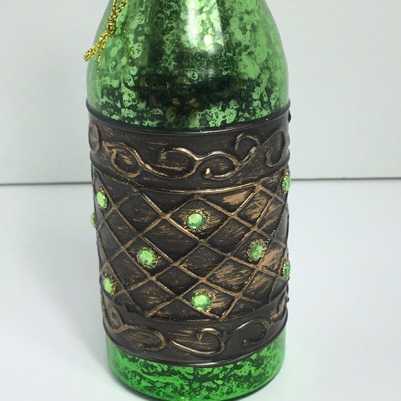 Wine Bottle Christmas Holiday Glass Ornament With Stones Green Ornate 6" Hanging - Picture 2 of 12